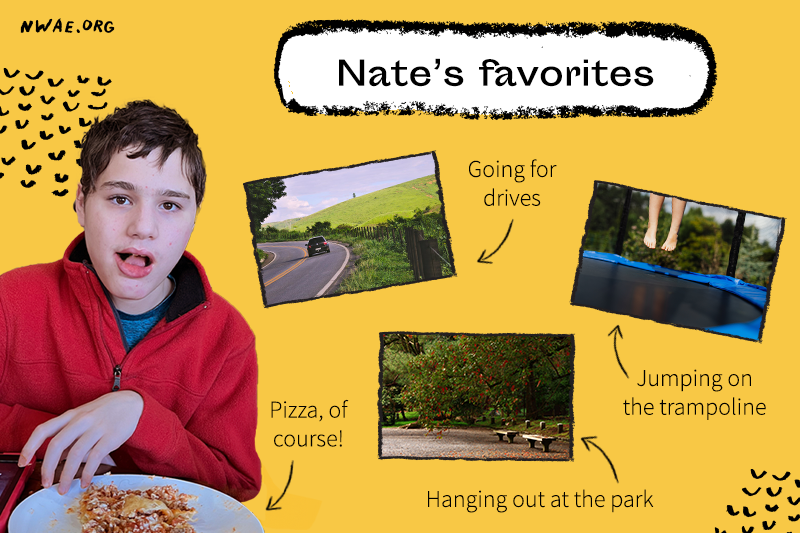 Nate eating pizza. His favorite hobbies are going for drives, jumping on the trampoline, and playing at the park.