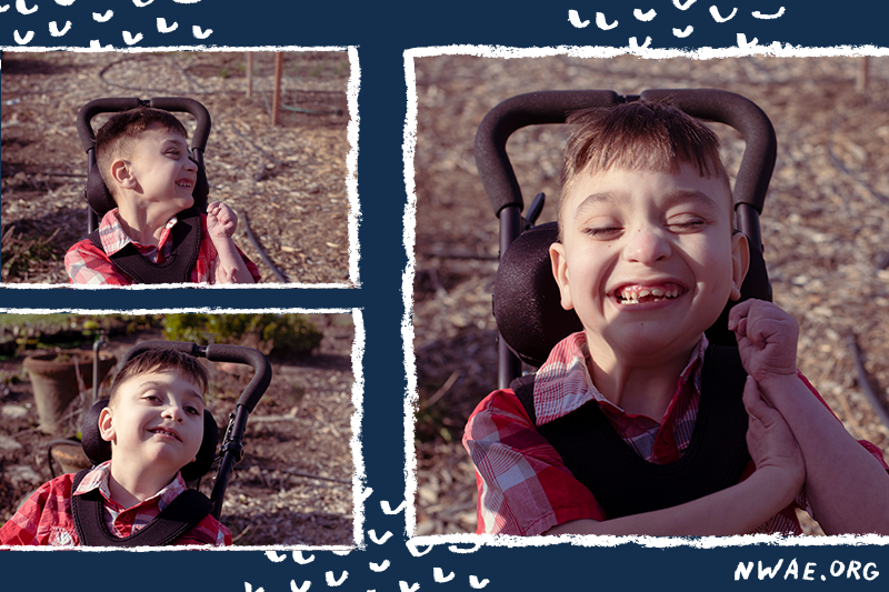 Three photos of Izaac smiling in different poses.