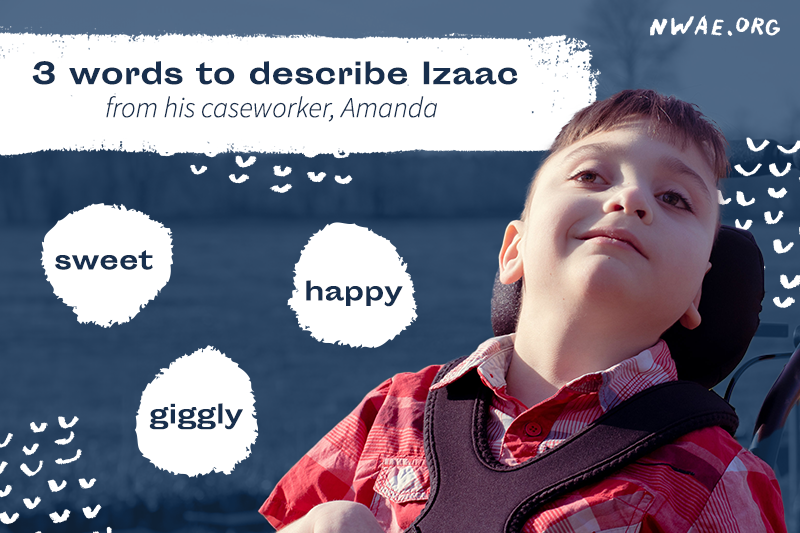 Izaac looking off into distance. His caseworker describes him as sweet, giggly, and happy.