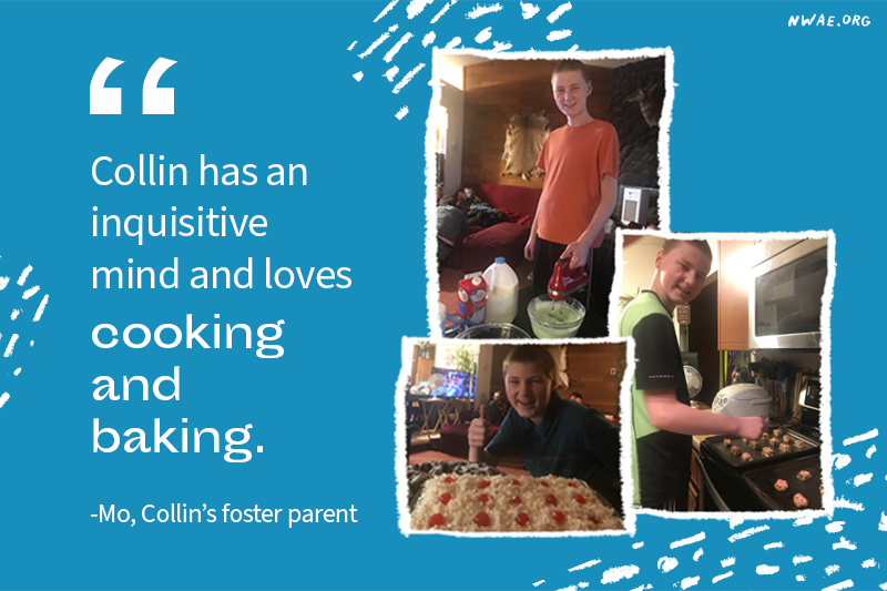 Collin baking cookies and a cake. His foster parent says he loves cooking.