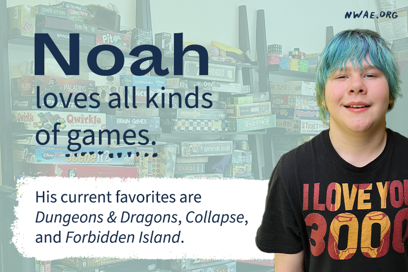 Noah smiling in front of a wall of board games. He loves Dungeons and Dragons, Collapse, and Forbidden Island.