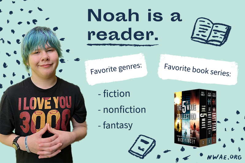 Noah smiling next to his favorite books, the Fifth Wave series.