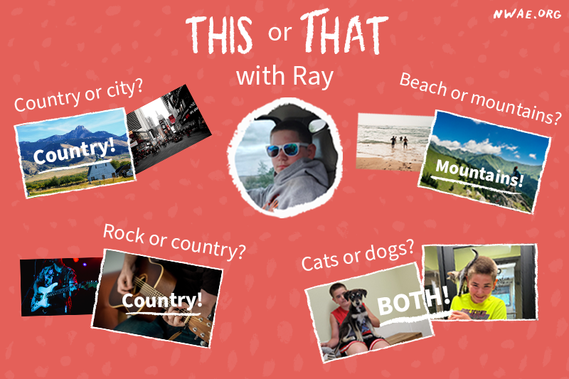 Ray wearing sunglasses. He chooses country over city, mountains over beach, country over rock music, and both cats and dogs.