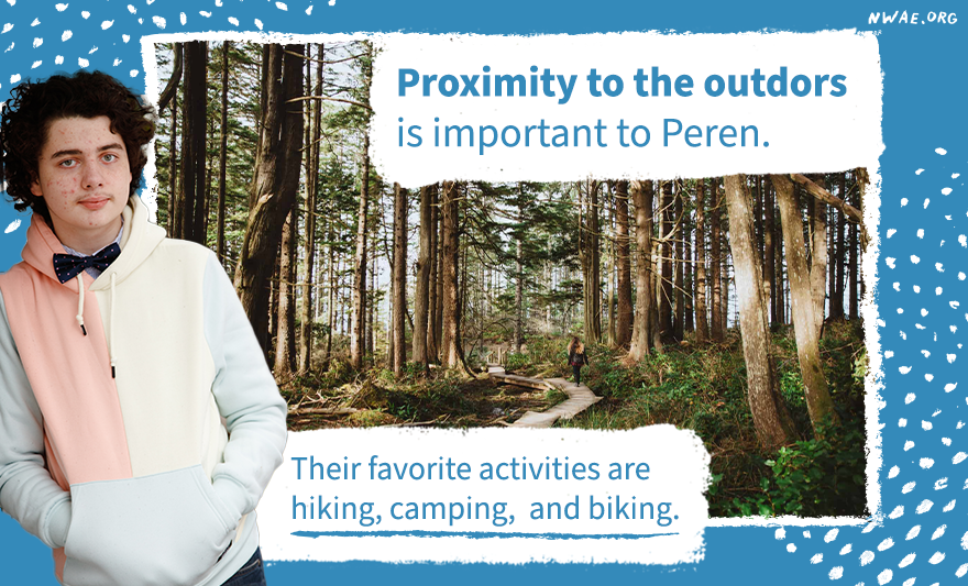Peren looking straight on, next to the woods. Peren loves being outdoors, camping, hiking, and biking.